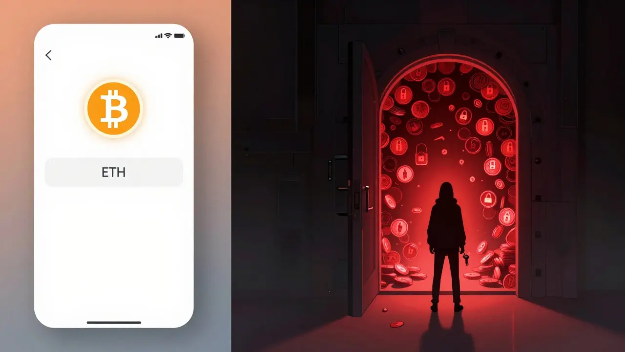 A wallet interface on one side, a vault of locked tokens on the other, symbolizing hidden supply risk.