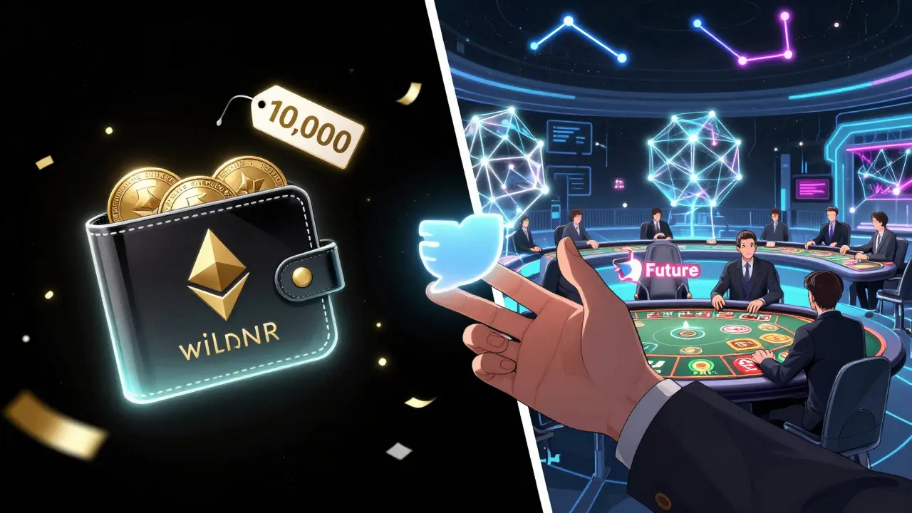 A wallet with zero-value WINR tokens on one side, a futuristic blockchain casino on the other, with a hand reaching between them.