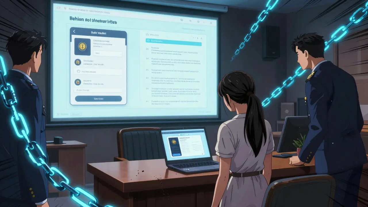 A woman in court surrounded by digital transaction trails as prosecutors present crypto evidence.