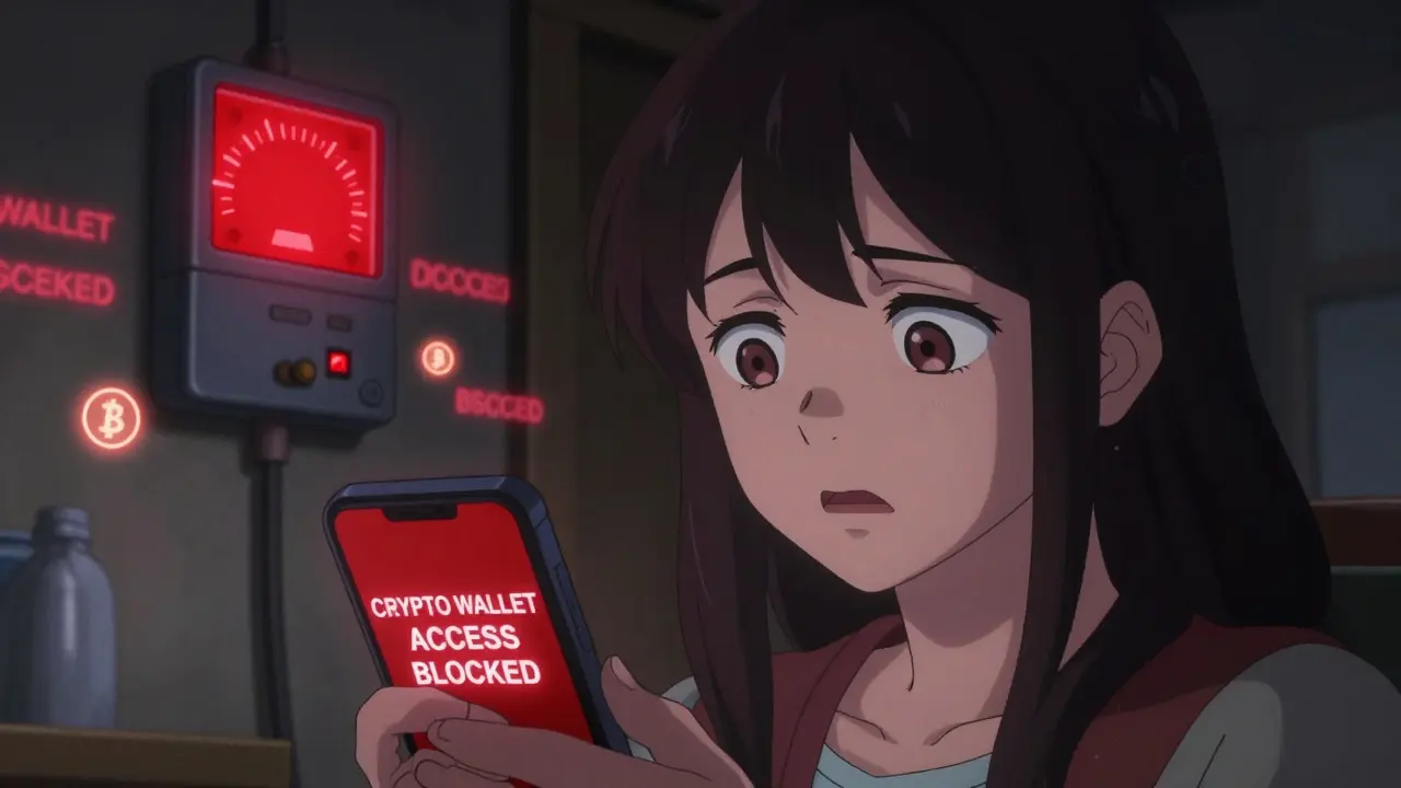 A woman stares at her phone with a red crypto warning as her power meter spikes dangerously.