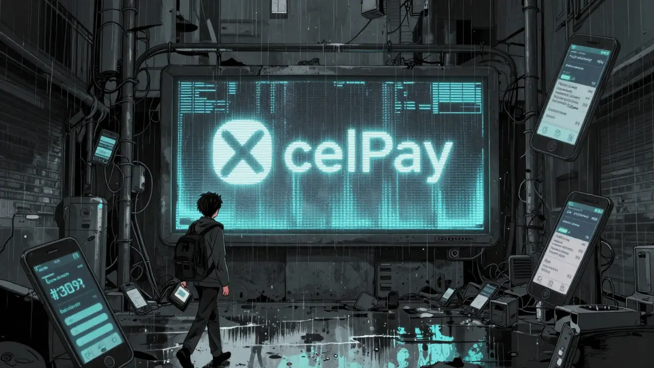 An abandoned XcelPay billboard in a rainy alley, with a user walking away toward a glowing MetaMask wallet.