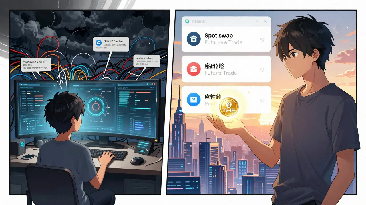 Before-and-after manga panel showing a user mastering THENA FUSION’s complex interface with THE token as a guiding light.