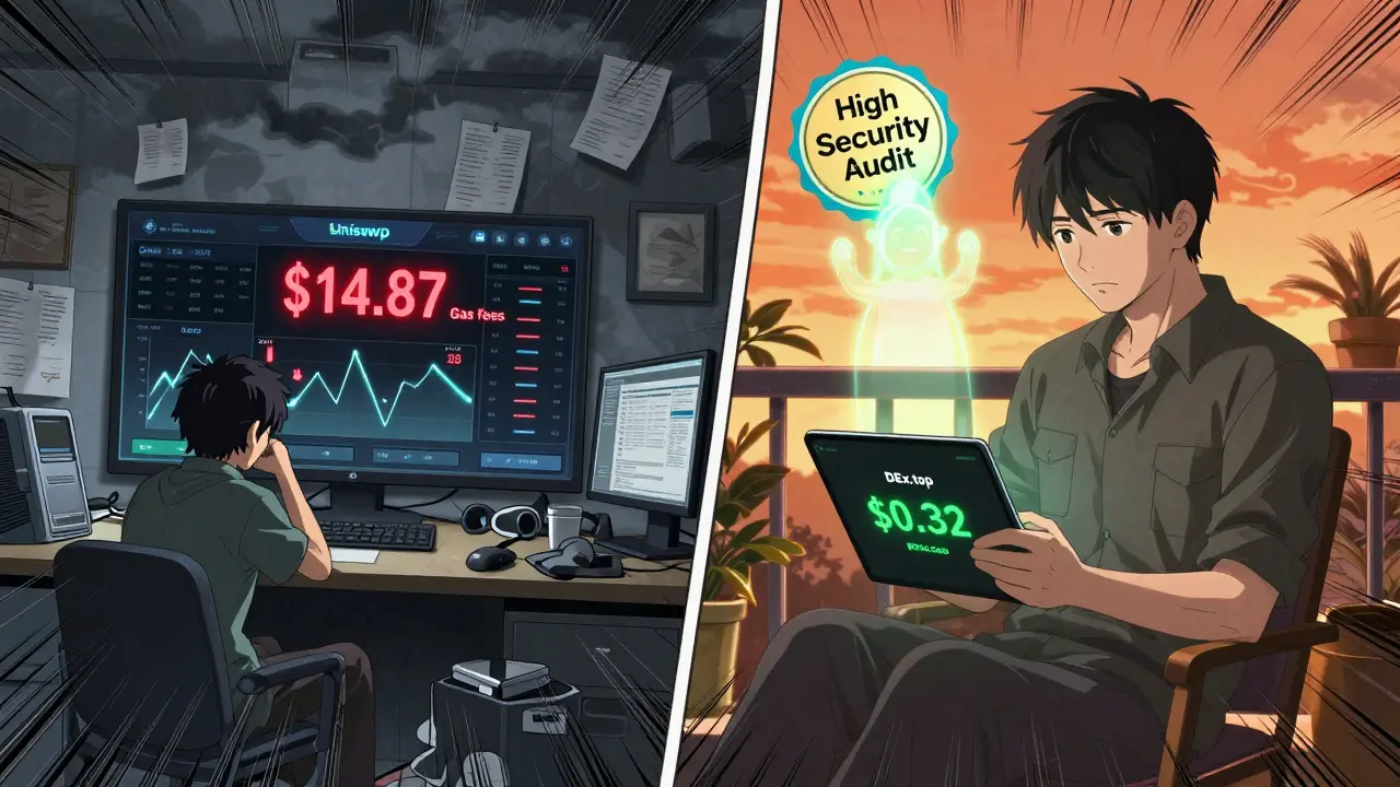 Contrasting scenes: chaotic high-fee trading vs. calm low-fee DEx.top use with security seal glowing.