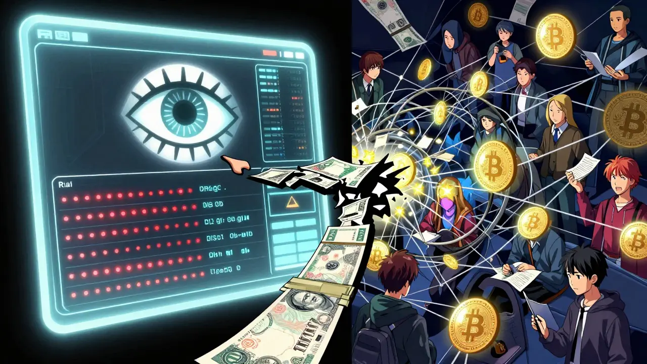 Contrasting scenes: state-controlled digital currency vs. underground crypto networks connected by crumbling money.