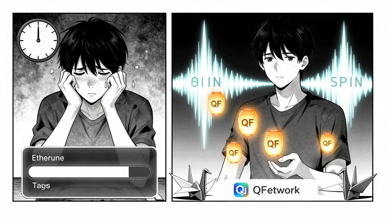 Contrasting slow Ethereum transaction vs. instant QF Network tip, illustrated in manga style.