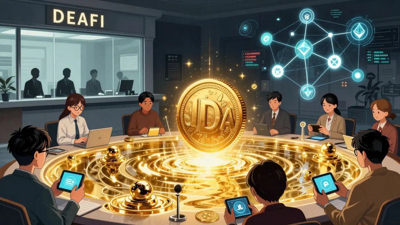 Contrasting traditional bank with glowing DeFi blockchain network, showing old finance vs decentralized finance.