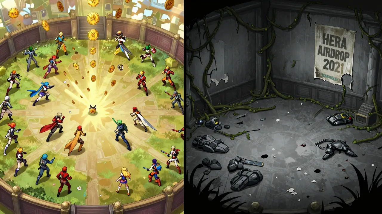 Contrasting vibrant Hero Arena battle scene with its now-dead, overgrown arena counterpart.