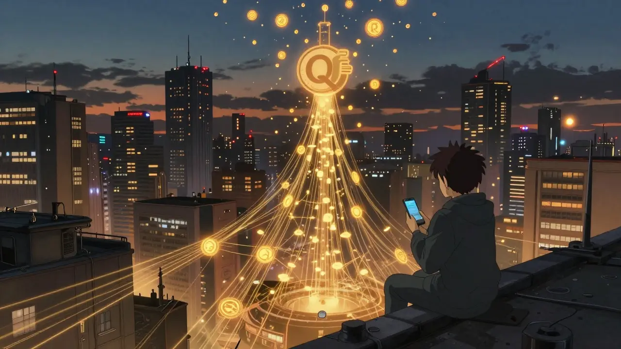 Cyberpunk city with peer-to-peer QF data streams glowing between devices, no central servers visible.