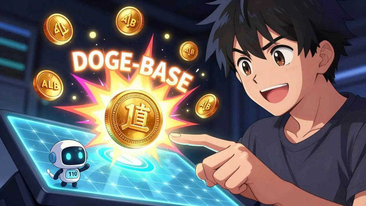 Developer deploying a memecoin token with a 10-second timer and ALB reward coins floating nearby.