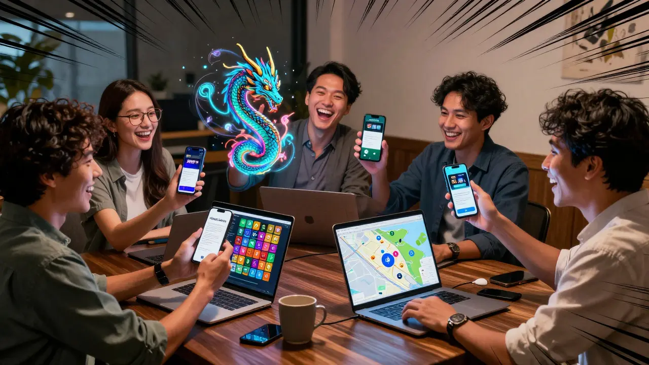 Entrepreneurs in a co-working space celebrate NFTs and blockchain property tokens.