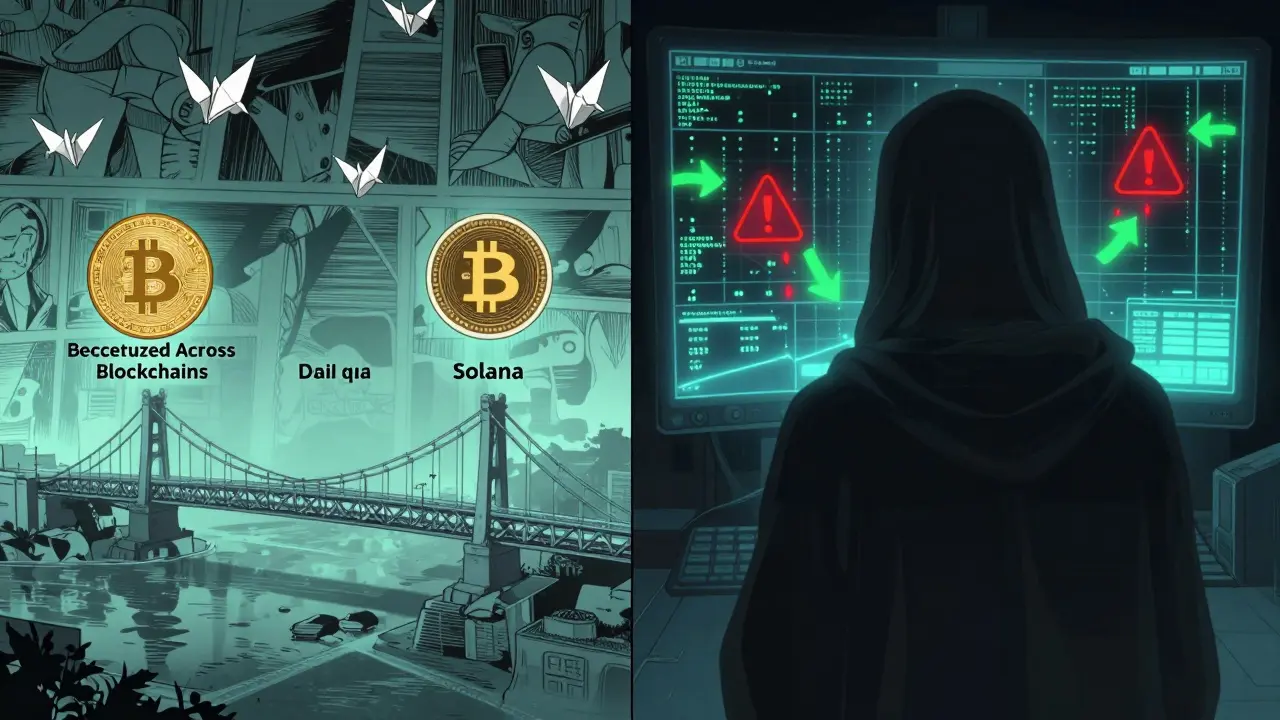 Iranians move crypto across blockchains while a shadowy bank figure watches through surveillance screens.