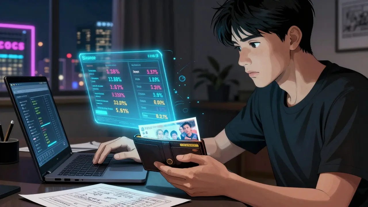 Man holding a crypto wallet with holographic charts and tax info in a dim room