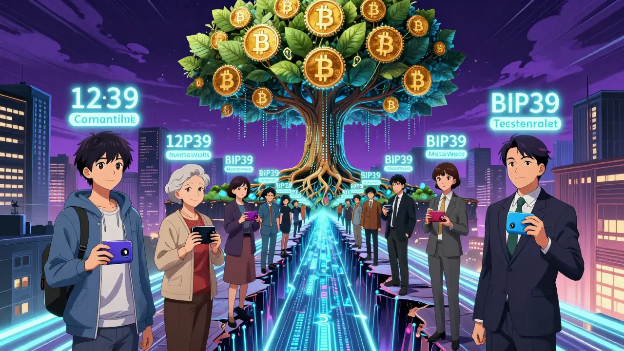 People from different backgrounds connected by glowing seed phrases forming a bridge over a blockchain stream.