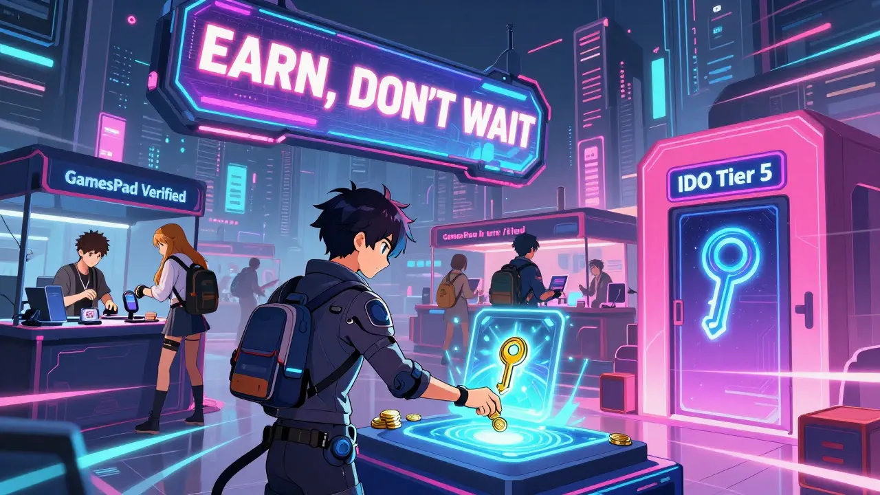 Players trading NFTs at a GamesPad marketplace with a staking portal glowing in the foreground.