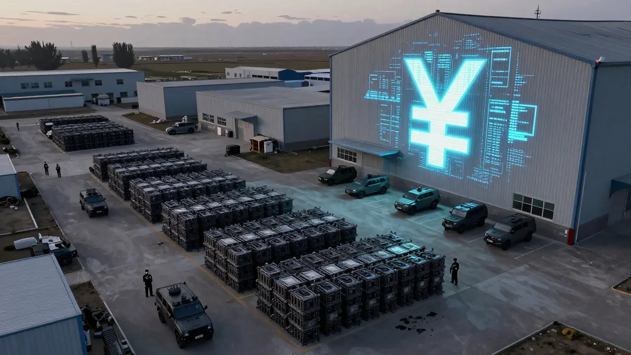 Seized cryptocurrency mining rigs stacked in a government yard under a digital yuan logo.
