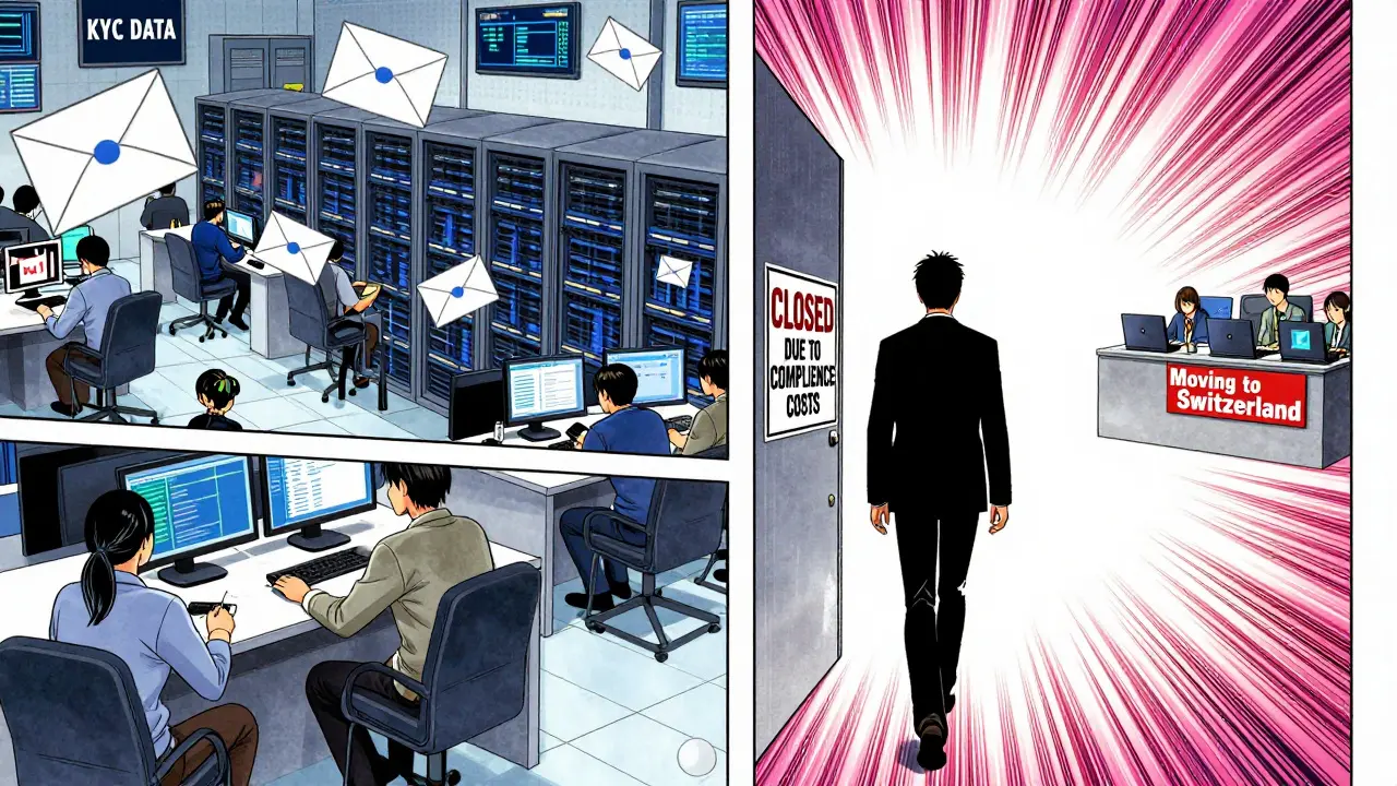 Split scene: busy EU crypto exchange vs. a person leaving a closed exchange as developers move to Switzerland.