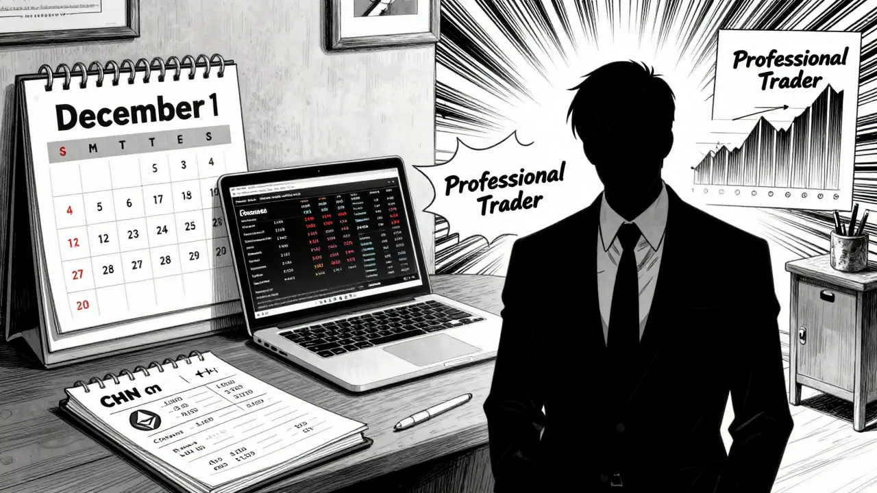 Split-screen manga scene: left shows crypto valuation for wealth tax, right shows chaotic trading activity labeled 'Professional Trader'.