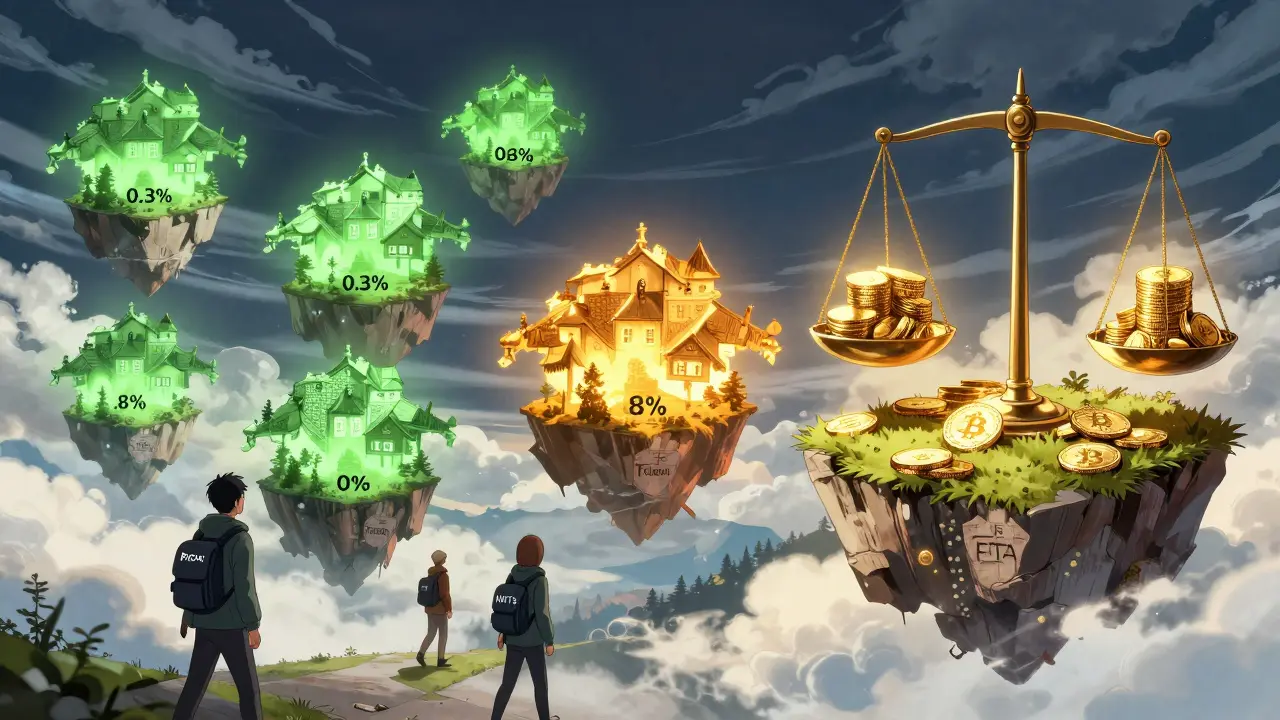 Swiss cantons as floating islands with glowing tax rates; people walk toward low-tax islands while a giant scale balances crypto and taxes.