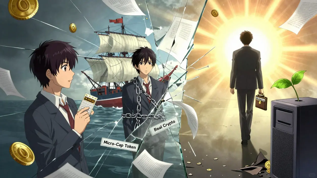 Three versions of a person reflected in a fractured mirror, symbolizing gambling, loss, and escape.