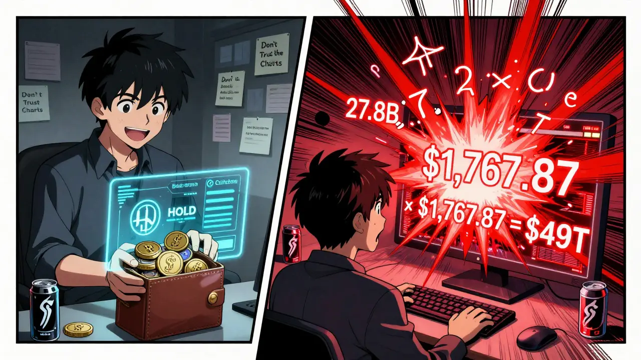 Two contrasting scenes: one trader happy with HOLD on Base Chain, another shocked by an impossible ,767.87 price glitch on Coinbase.