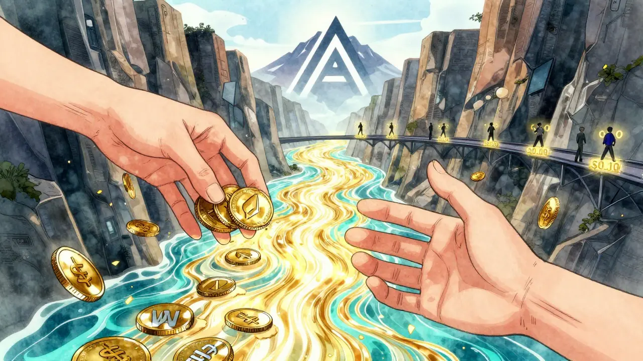 Two hands adding and withdrawing from a shimmering WETH/USDC liquidity pool, with Arbitrum logo glowing in the distance.