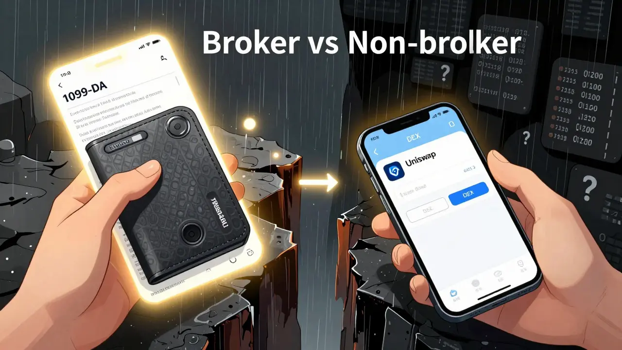 Two hands reaching across a divide between a clean broker form and chaotic decentralized trade symbols.