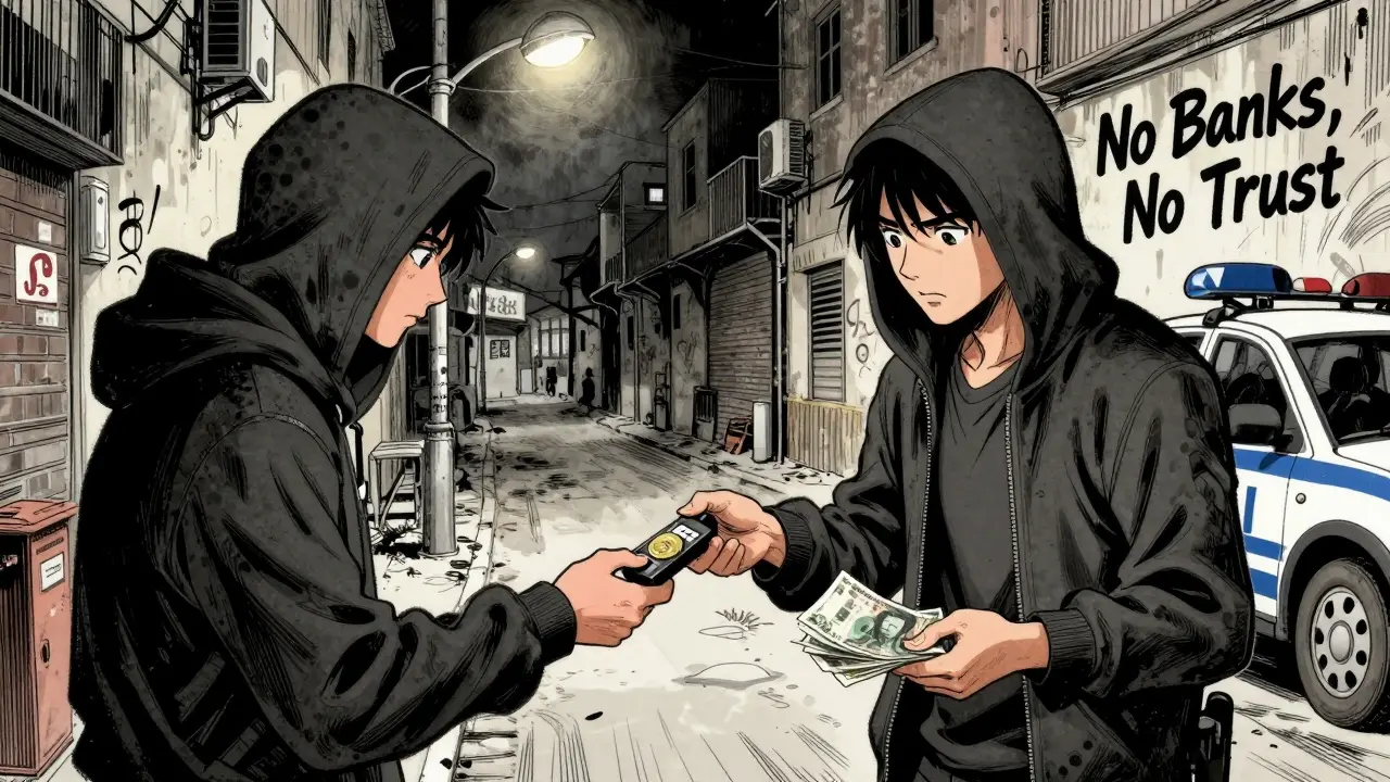 Two people secretly trading crypto tokens in a dark alley, wary of police nearby.