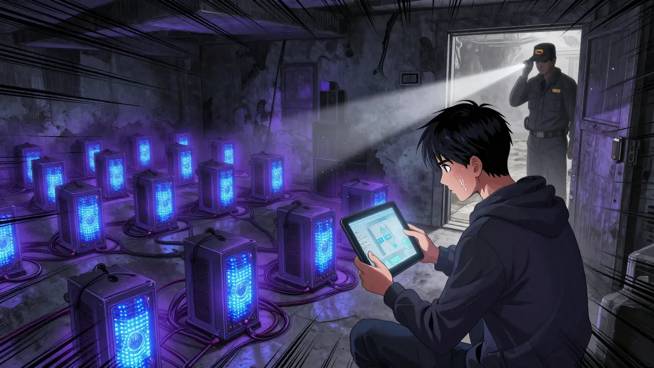 Underground miners operate rigs in a Tehran basement, dodging inspectors under flickering neon lights.