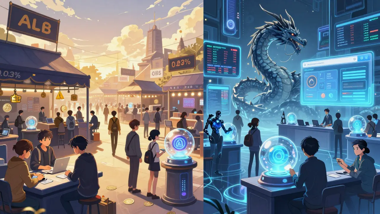 Vibrant digital marketplace on Base network with traders swapping stablecoins and staking ALB tokens.