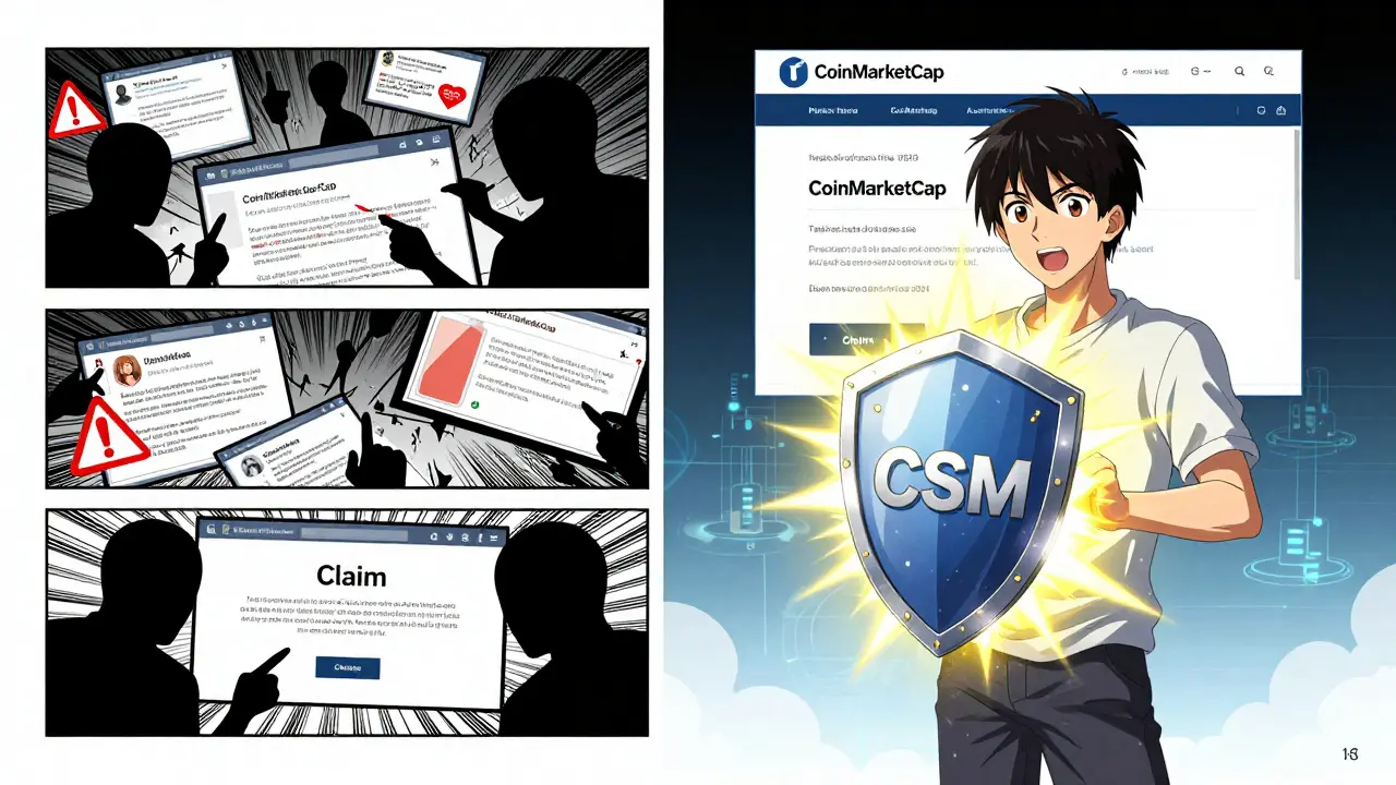 A character avoids crypto scams by claiming the official CSM airdrop, protected by a glowing token shield.