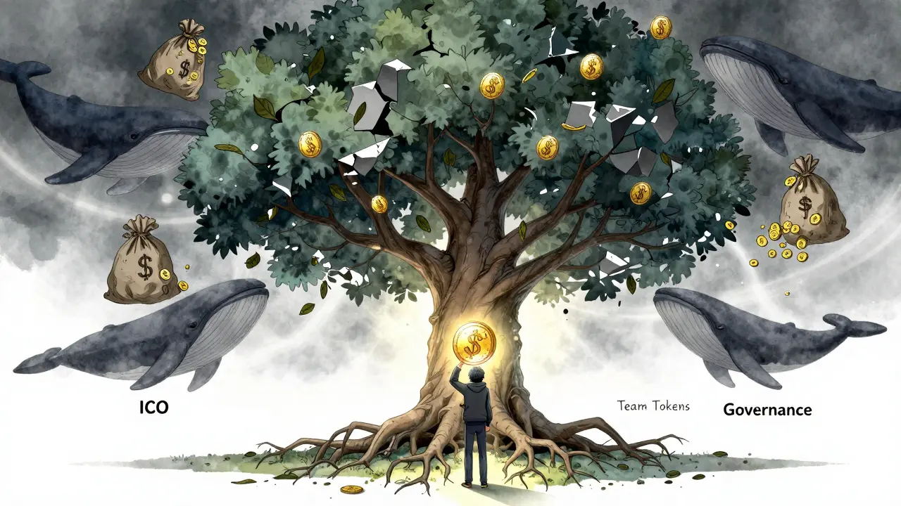 A crumbling blockchain tree with falling dollar signs, a lone figure holds a STEMX coin under shadowy whales.