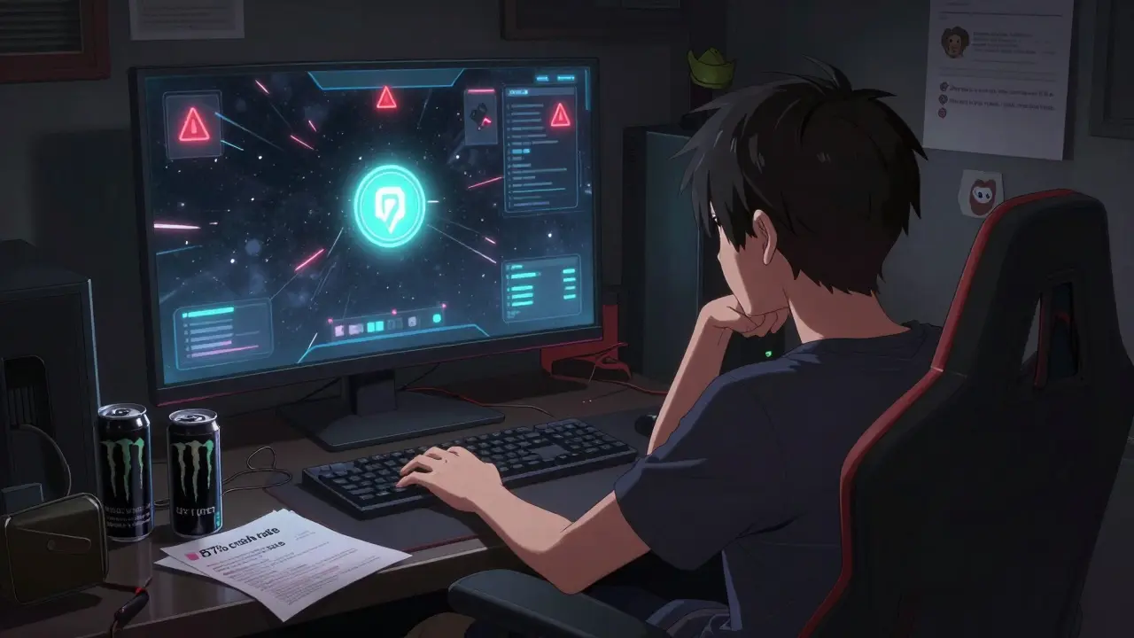 A frustrated gamer stares at a frozen game screen in a messy room, surrounded by empty cans and a wallet showing LRT tokens.