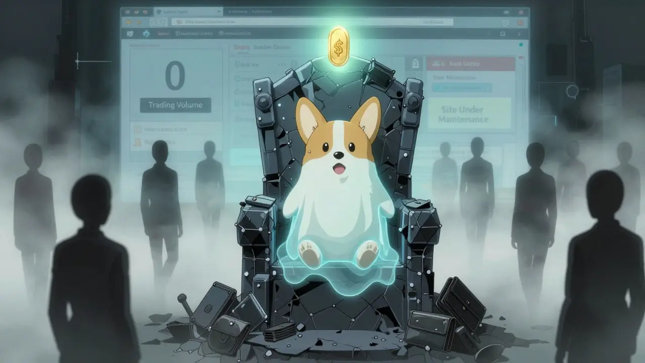 A ghostly Corgidoge mascot on a crumbling blockchain throne as users vanish into fog.