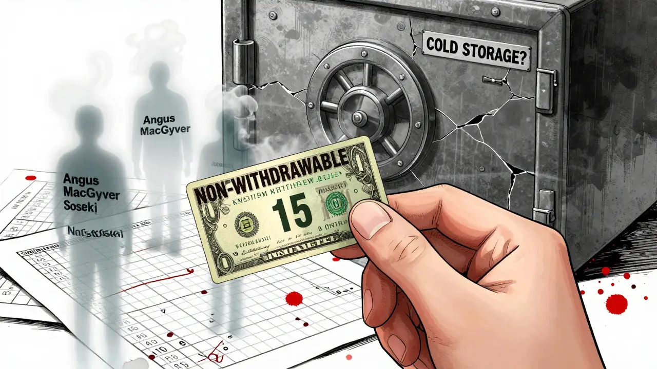 A hand holds a  bonus token as fake user names fade away, with empty vaults behind in manga style.