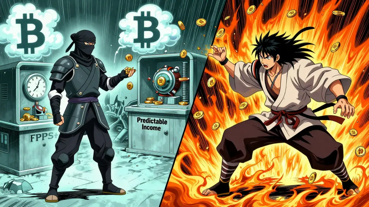 A ninja and samurai representing FPPS and PPS+ reward systems in a manga-style battle over Bitcoin payouts.