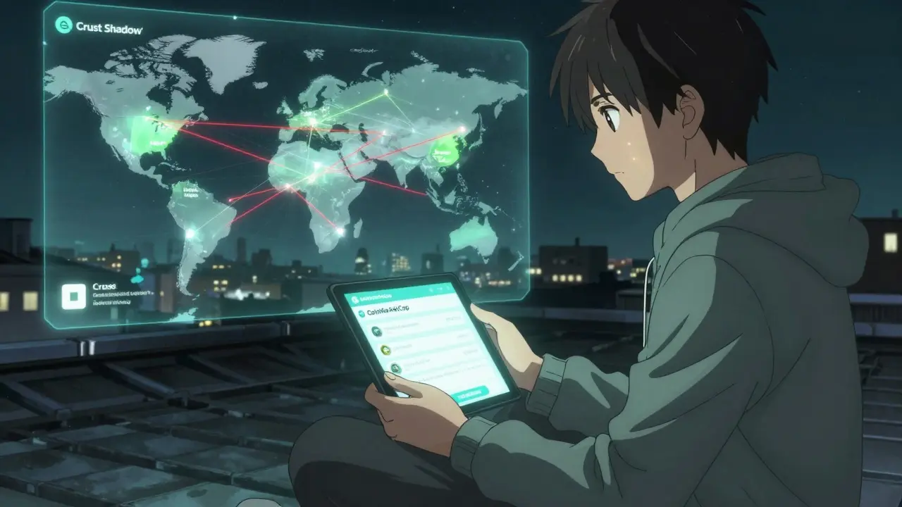 A protagonist claims a CSM airdrop on a rooftop, with a global decentralized storage map behind them.