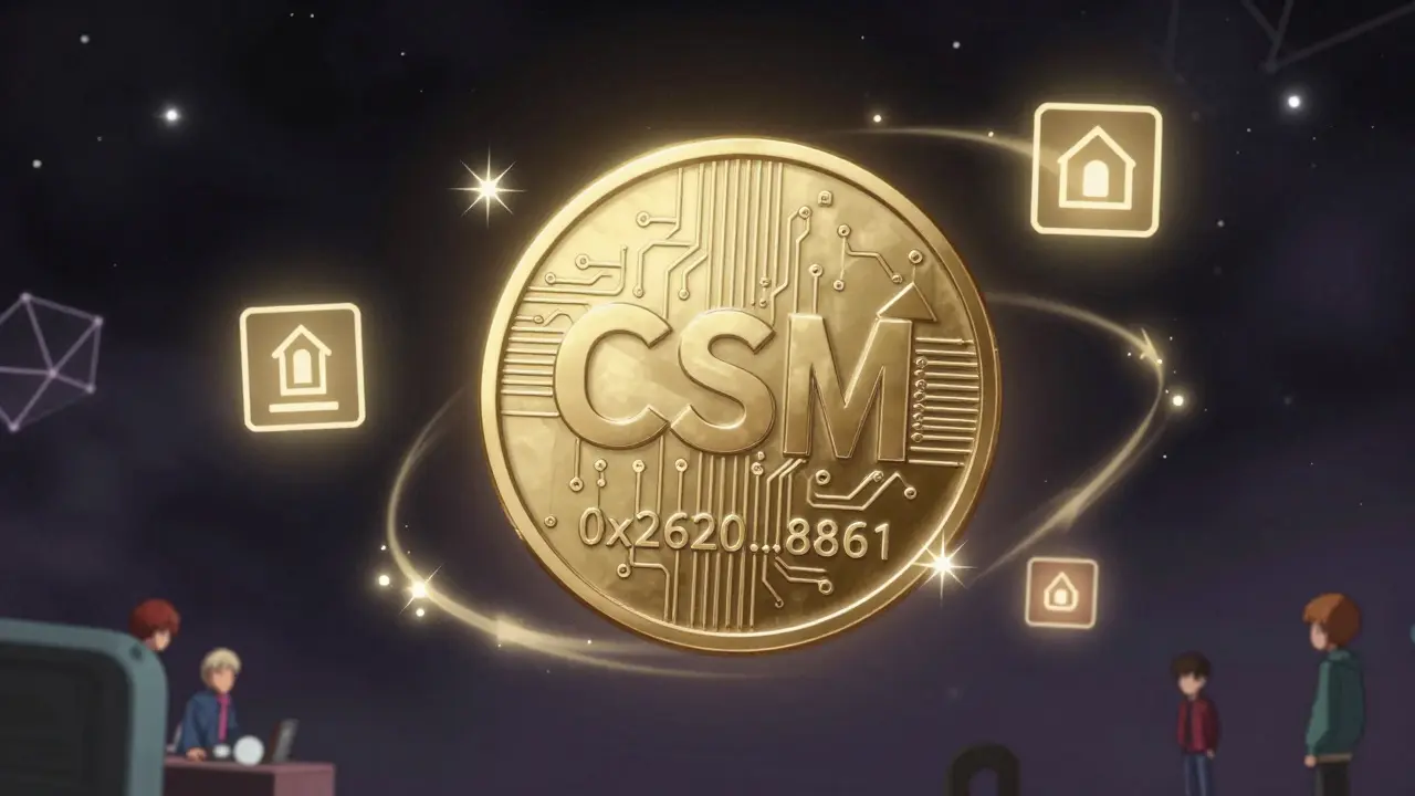 A single CSM token glowing with staking and storage icons around it.