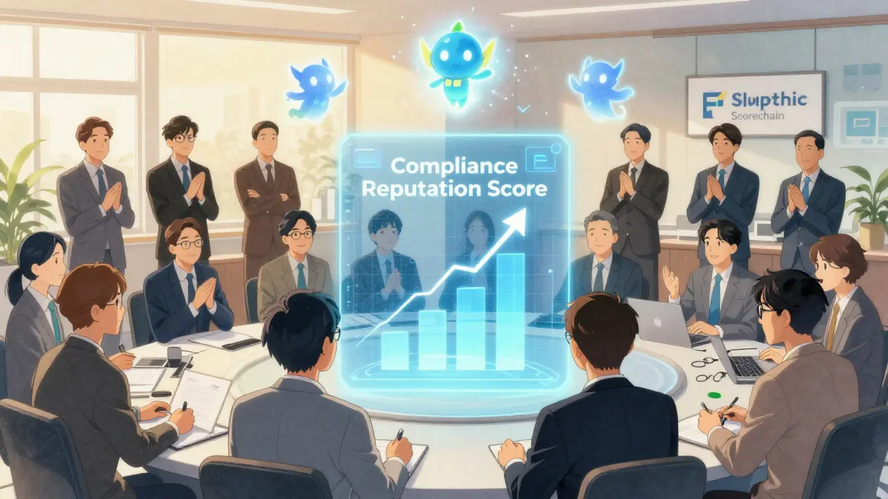 A team celebrating high compliance reputation as trusted tools glow above them.