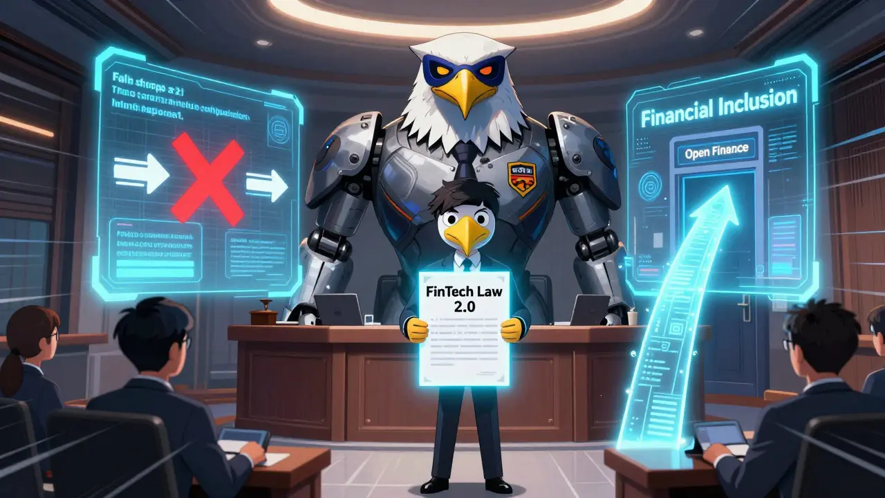 A tiny startup CEO faces a robotic eagle regulator in a courtroom with holograms of failed systems and a path to financial inclusion.