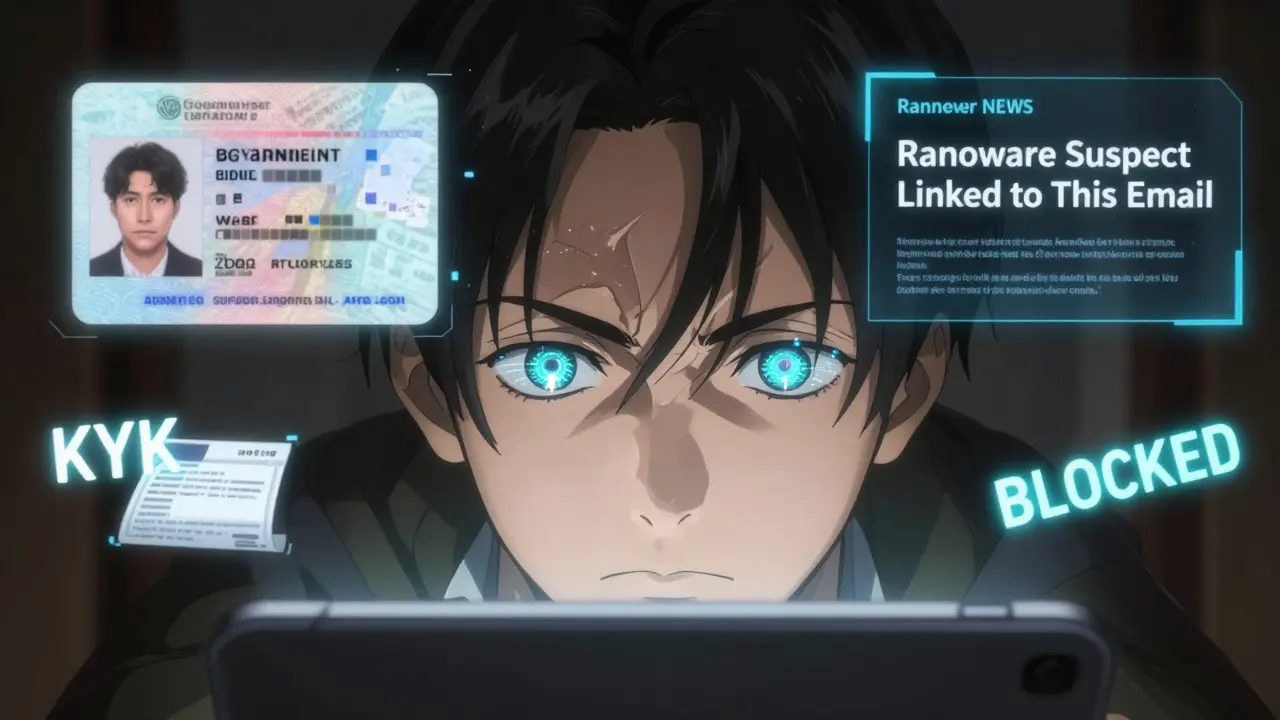 A user taking a live selfie for KYC verification, with digital scans and dark web alerts floating around them.