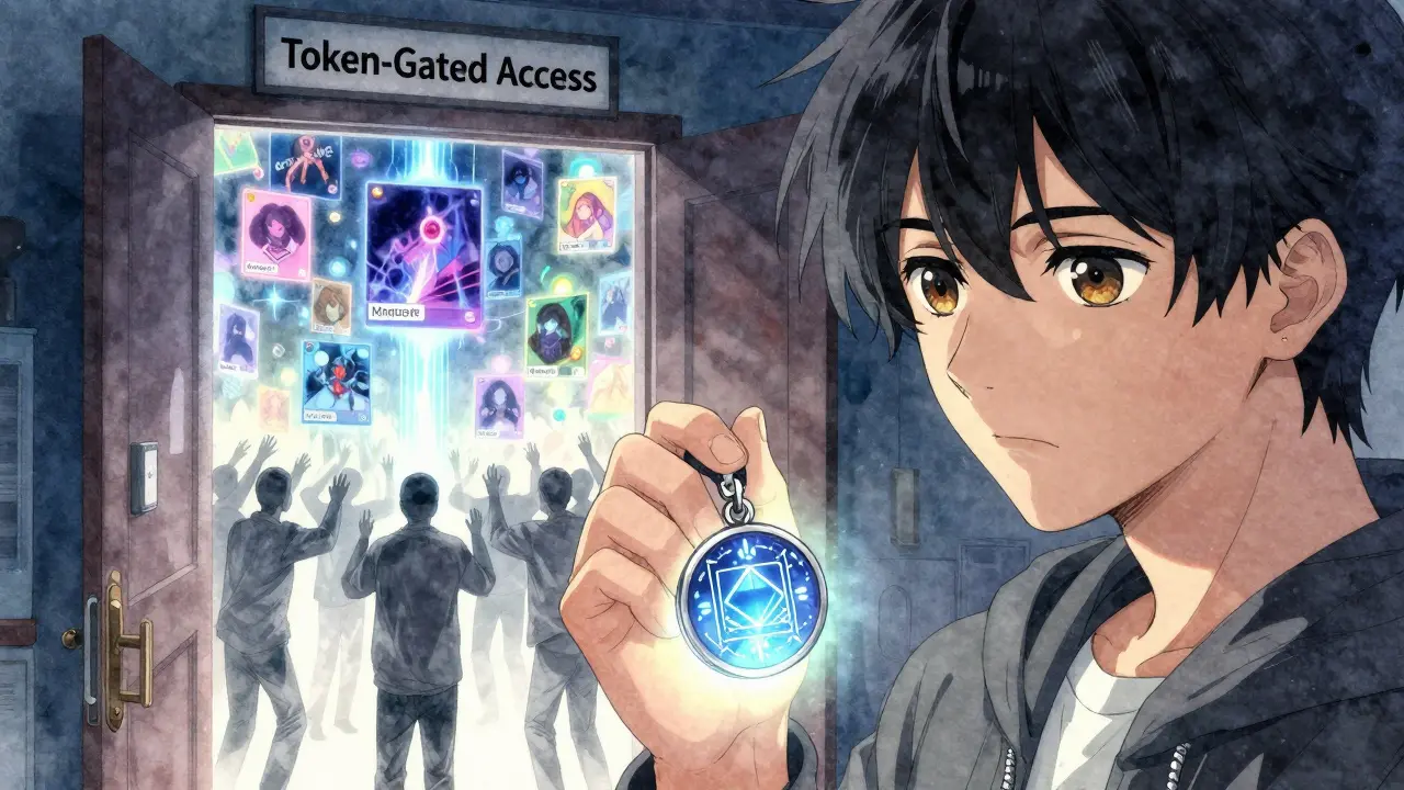 An artist stands before a glowing token-gated door, with digital art floating inside while others are blocked outside.