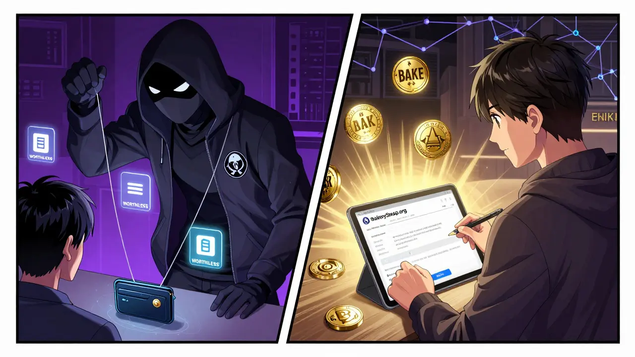 Contrasting scene: scammer manipulating a victim vs. safe user interacting with official BakerySwap site.