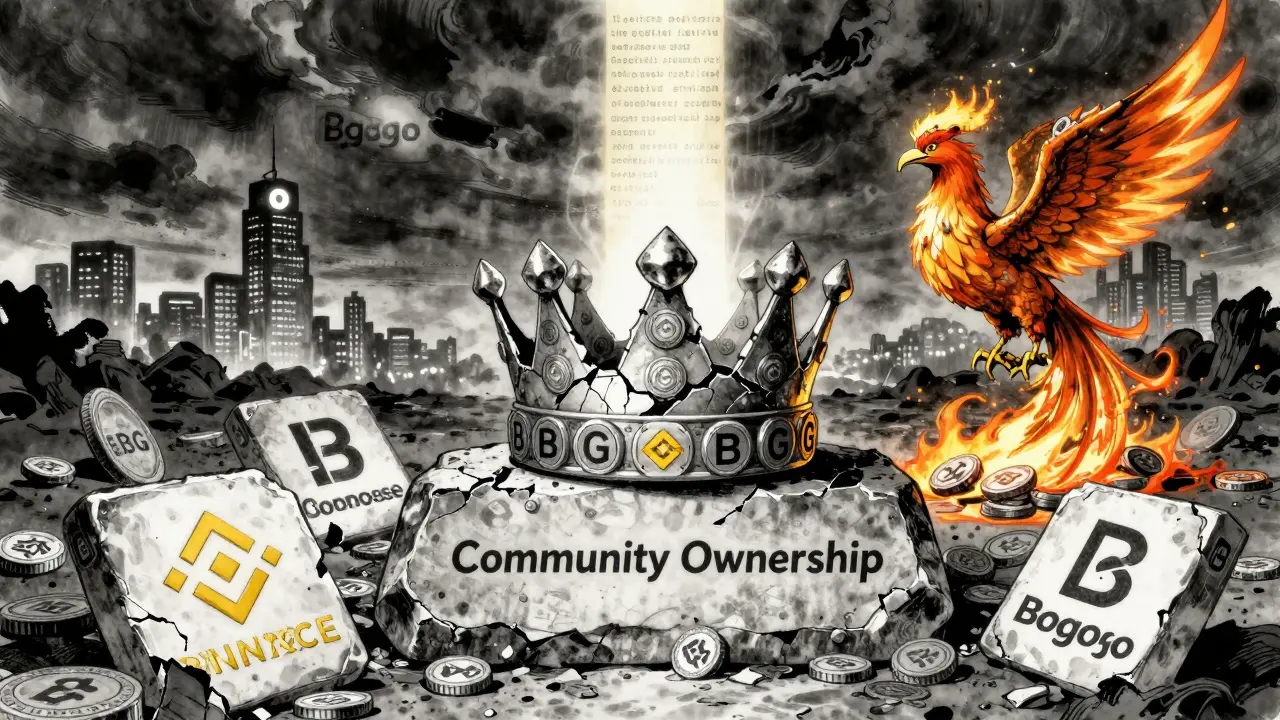 Cracked BGG token crown on stone tablet beside fallen corporate logos, phoenix of burning tokens rising in cyberpunk manga style.