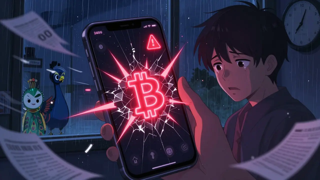 Crashed ZebPay app during market surge, user distraught as time ticks away at night.