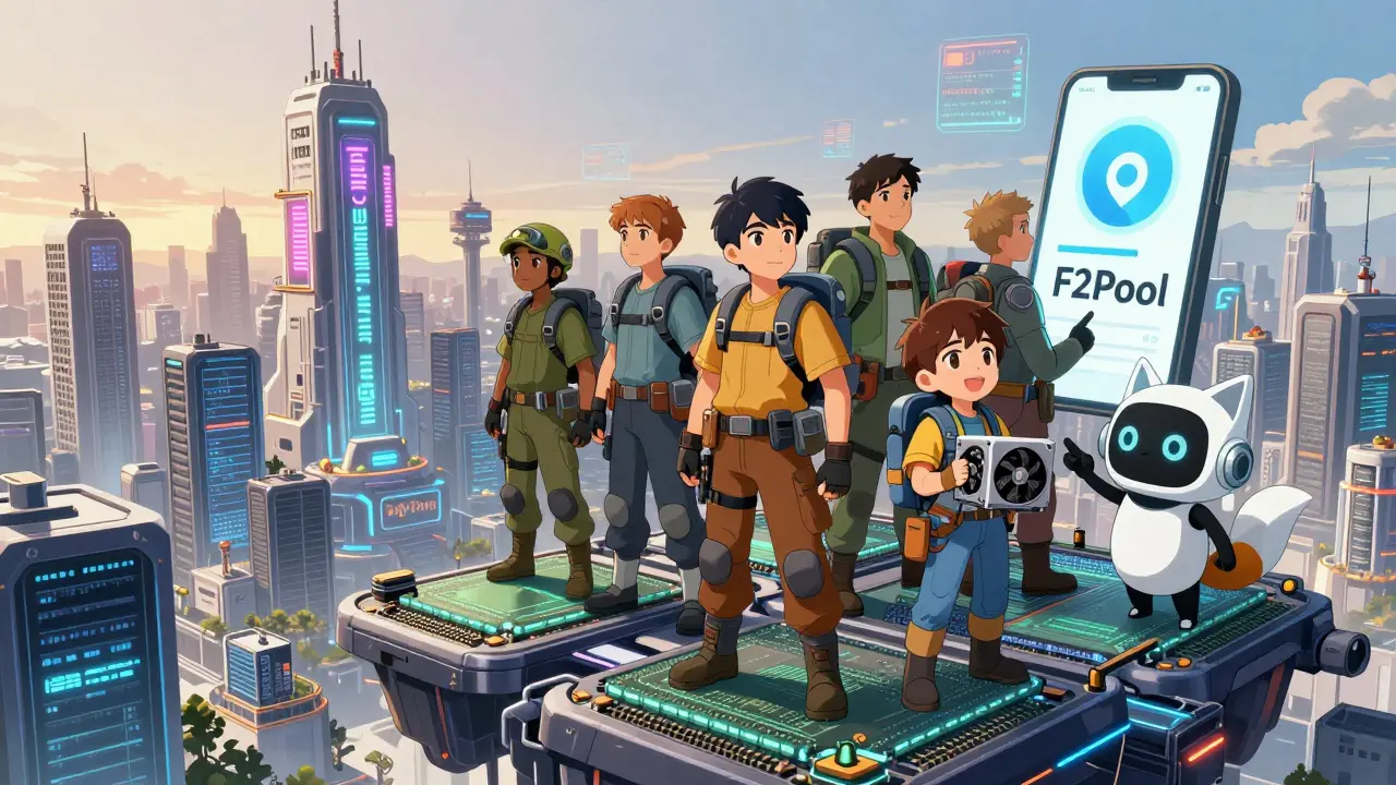 Diverse miners on a platform of ASICs overlooking a digital city with major mining pools as glowing towers.