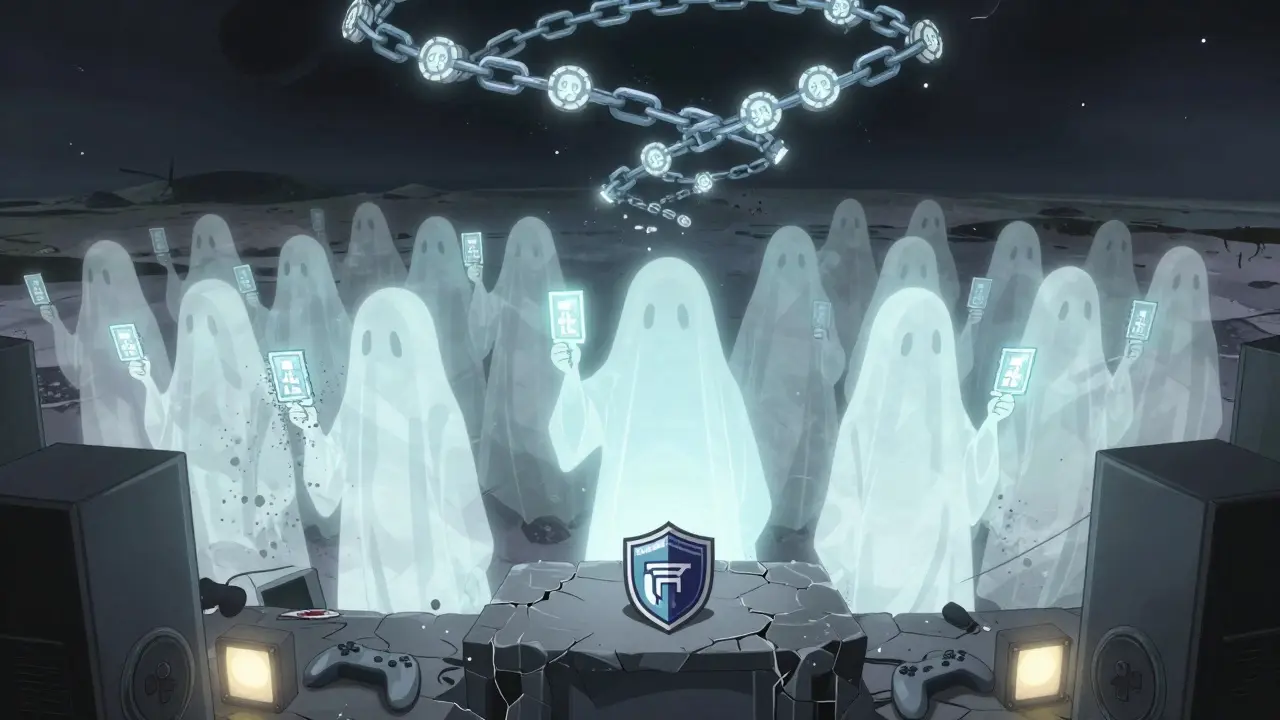 Ghostly players fade away as their LRT tokens turn to ash, leaving only a lonely Pioneer badge on a broken pedestal.