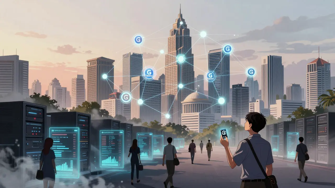 Glowing national blockchain network above Bangkok with G Tokens, foreign servers dissolving into ash.