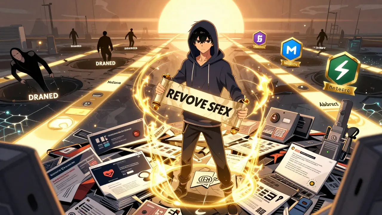 Hero holding a revocation scroll, protecting their wallet as scam sites crumble behind them.