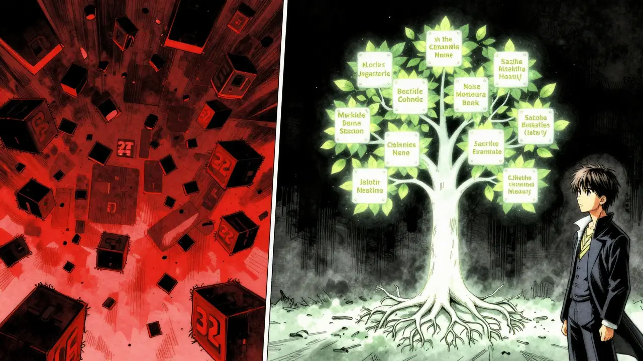 Split manga panel showing nonce chaos versus the calm Merkle tree reset by extraNonce.