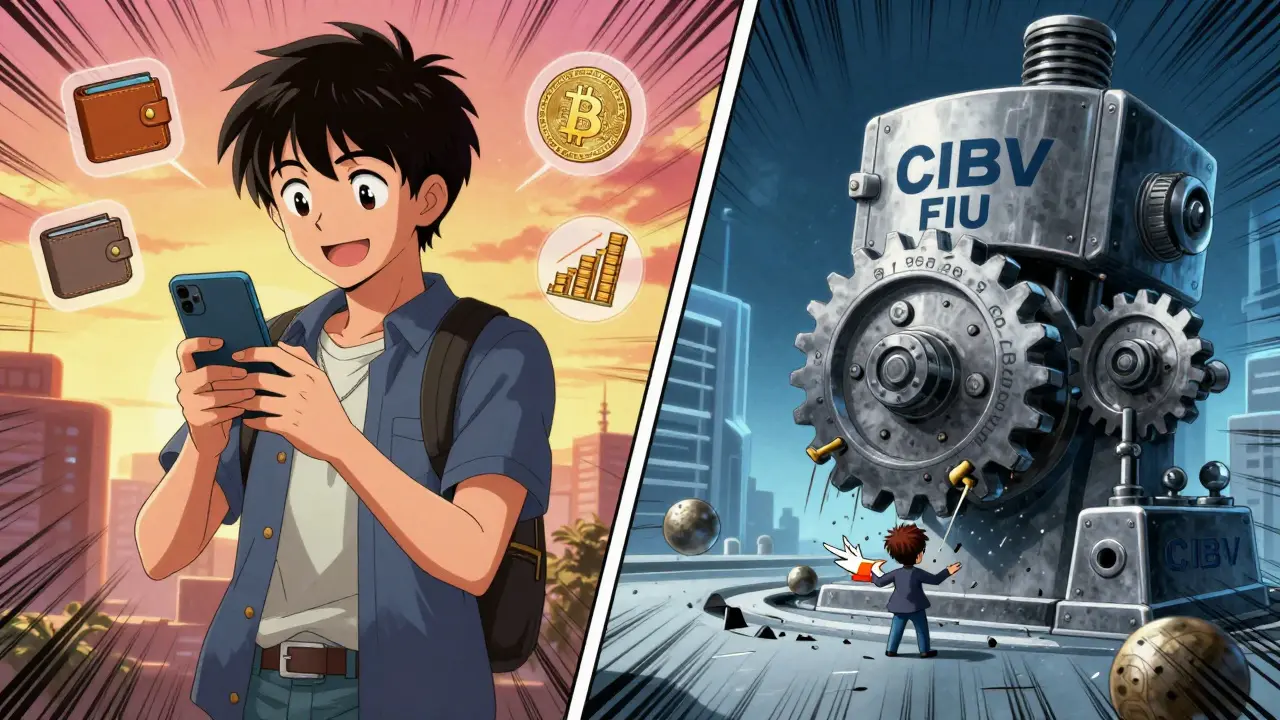 Split scene: a user buying crypto happily vs. a machine crushing a startup under bureaucracy.